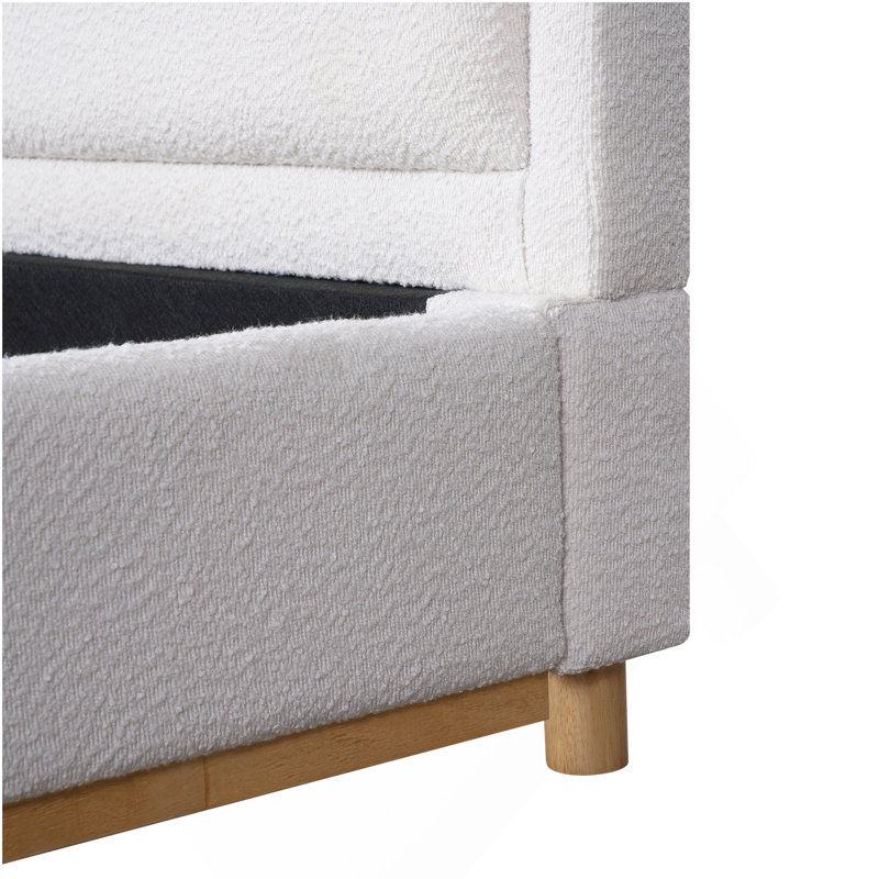 Structure de lit très grand avec tête de lit courbée rembourrée Boucle, base et pieds en bois, blanc