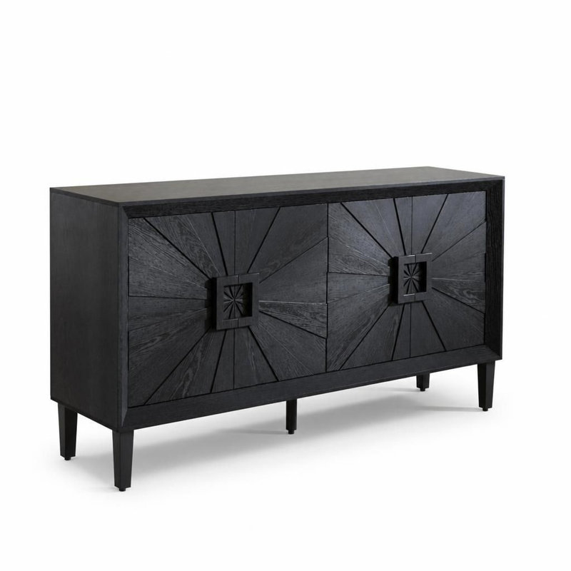 Buffet rustique de style campagnard avec porte à motif soleil symétrique, meuble télé robuste avec étagères réglables, armoire de rangement en bois