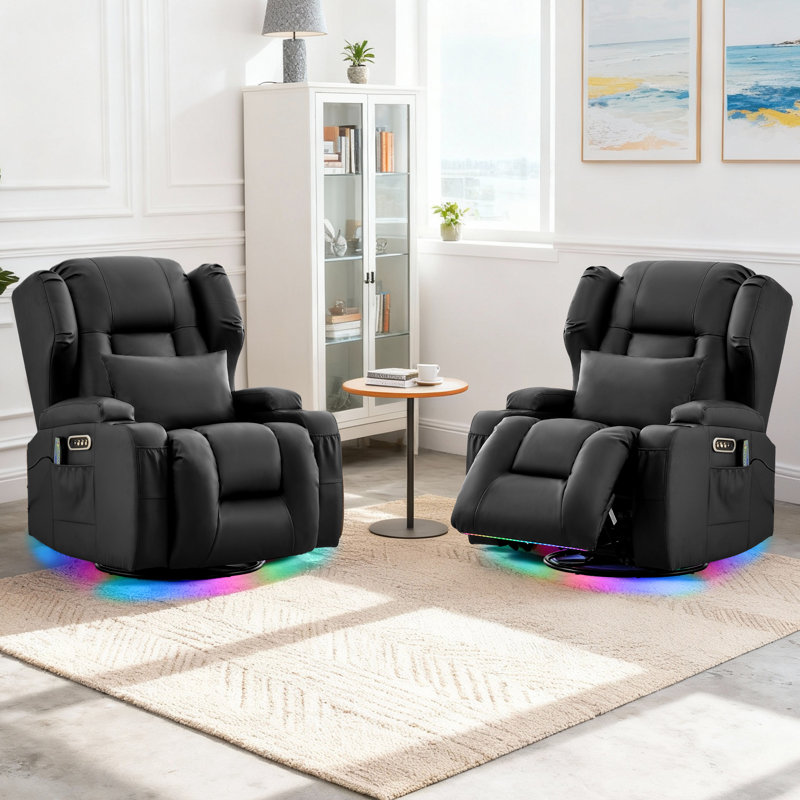 Fauteuil inclinable, berçant et pivotant à deux moteurs avec massage et chaleur, cuir PU noir, 1 fauteuil, Noir