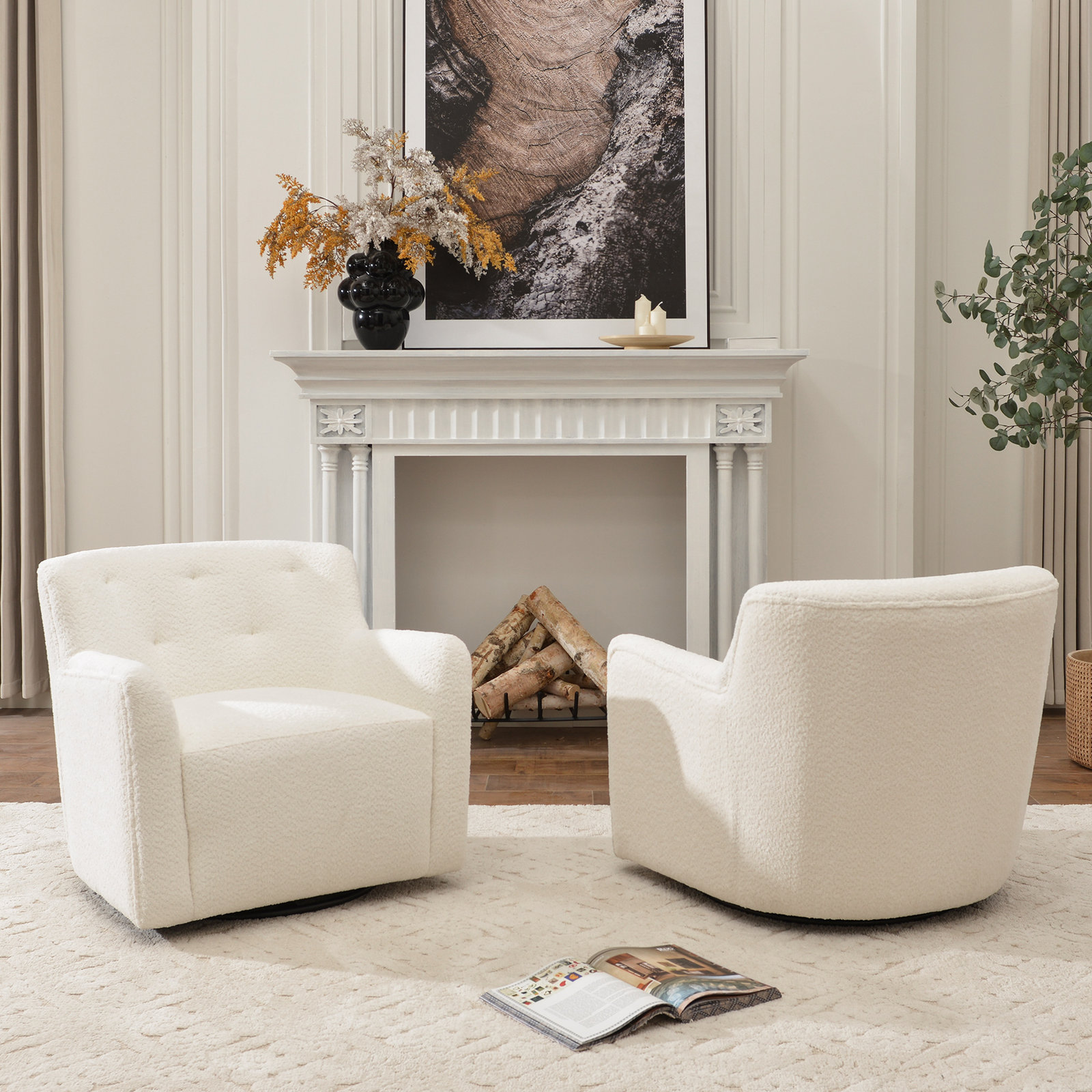 Fae Chenille Swivel Accent Chair, White Chenille