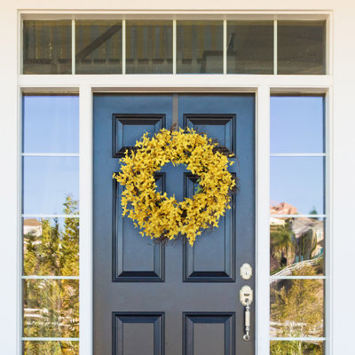 Couronne de forsythia artificielle - teintes jaunes et vertes, base en brindille, PVC fabriqué à la main, décoration de porte toute l'année