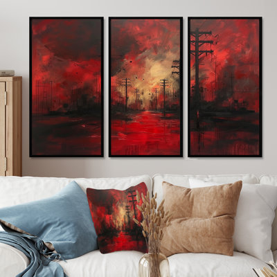 Rouge, noir, lignes électriques à l'obscurité III - ensemble de décoration murale lignes électriques