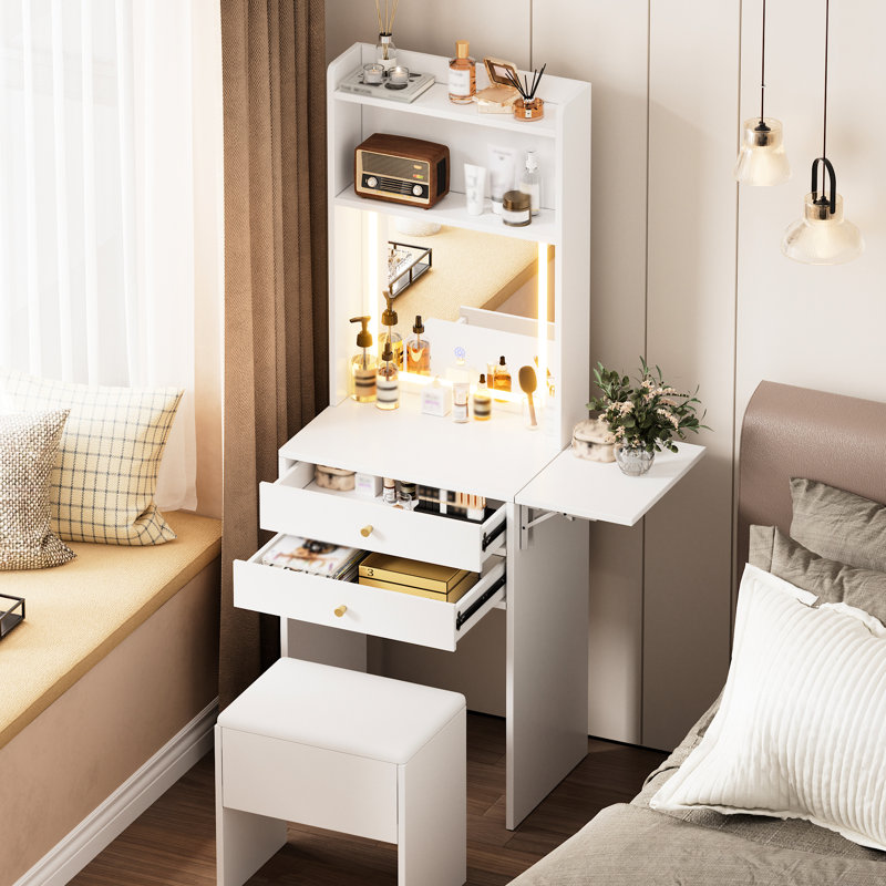 Petit meuble-lavabo de chambre avec 3 miroirs lumineux réglables et une chaise de rangement - blanc, panneau pour la table de maquillage