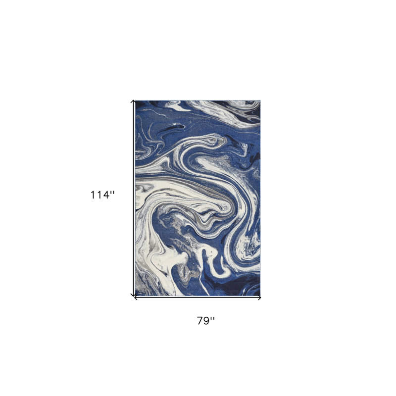 Tapis d'intérieur bleu en marbre tissé à la machine Strouth, Rectangle 6 pi 7 po x 9 pi 6 po
