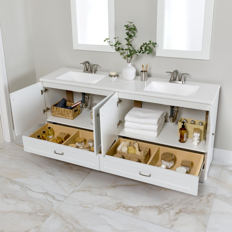 Ensemble de meuble-lavabo double 72 po avec 2 armoires, 2 tiroirs et plateau en marbre de culture Emlyn, Blanc