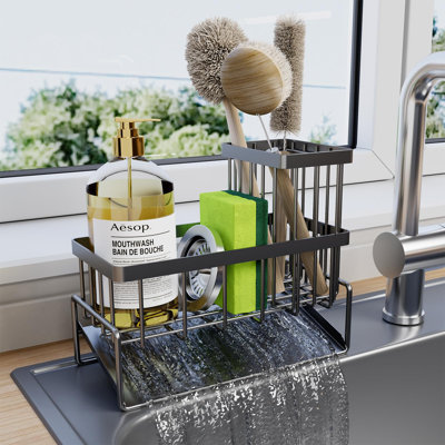 Organisateur d'évier en acier inoxydable noir antirouille | Système de vidange automatique | Conception compacte pour les ustensiles | Cuisine essentielle