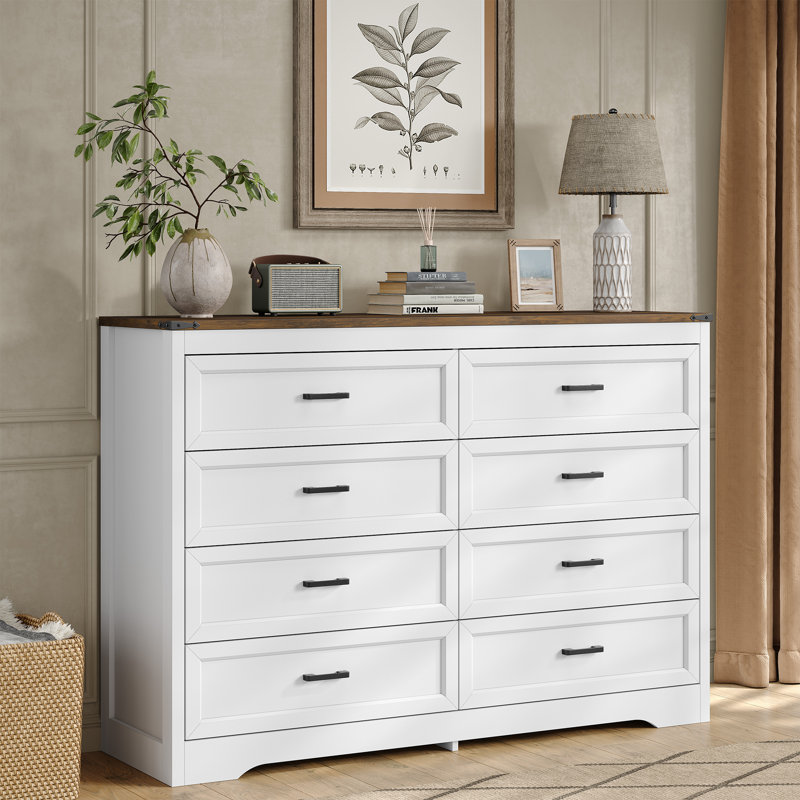 Commode double à 8 tiroirs, commode de chambre de 137 cm de large avec un grand espace de rangement pour la chambre à coucher