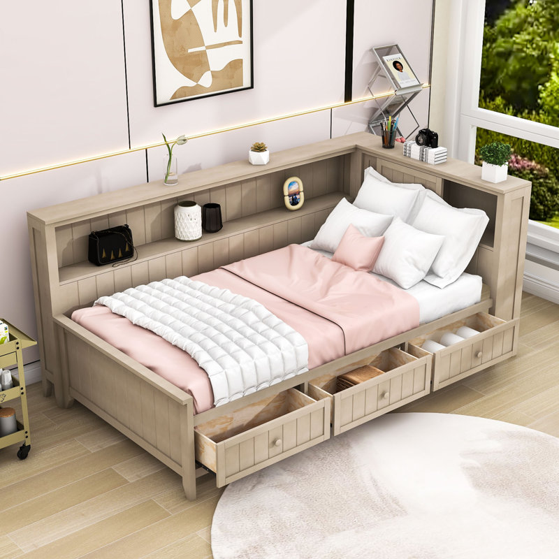 Lit de jour en bois avec 3 tiroirs et tablettes de rangement, Lit simple