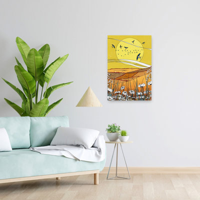 Contemporary Art Organic Peaceful Retro Bird Daisy Poppy Landscape Nature Wall Art - Wrapped Canvas Print