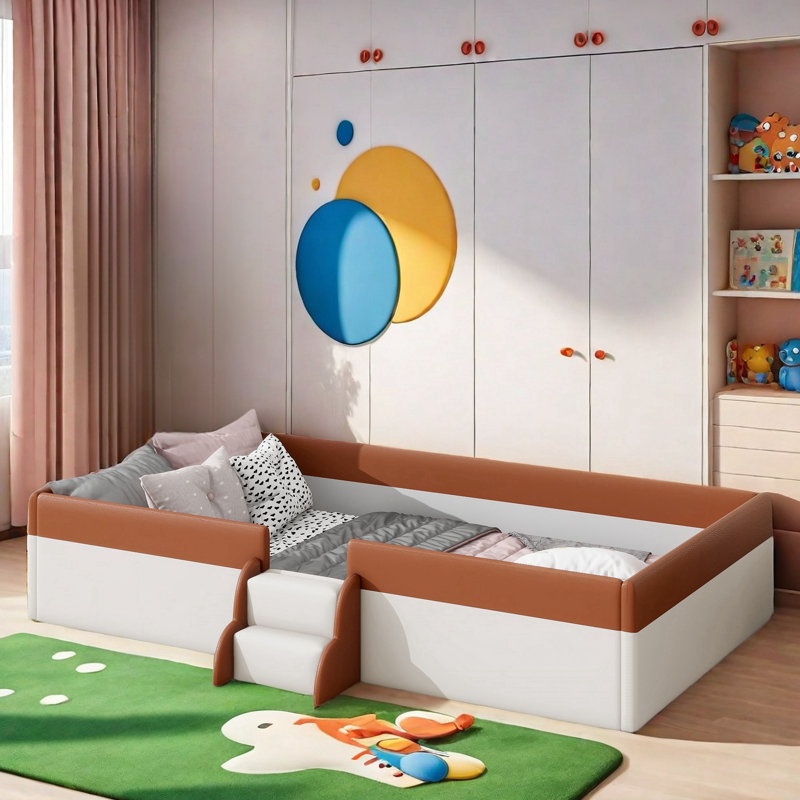 Mishelle Upholstered Daybed with Fence and Stairs, Twin