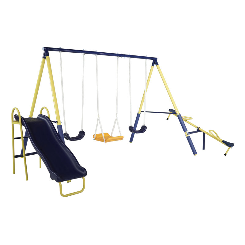 Yellow Metal Outdoor Swing Set with Slide and Teeter-Totter