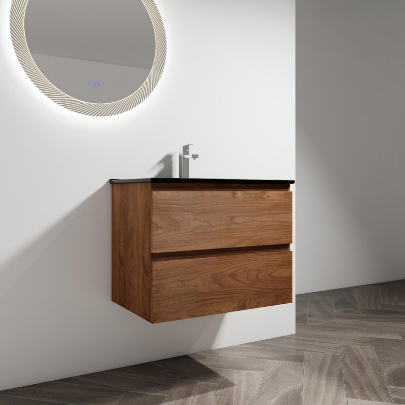 Alyshea 30'' Single Bathroom Vanity with Ceramic Top, Brown Oak