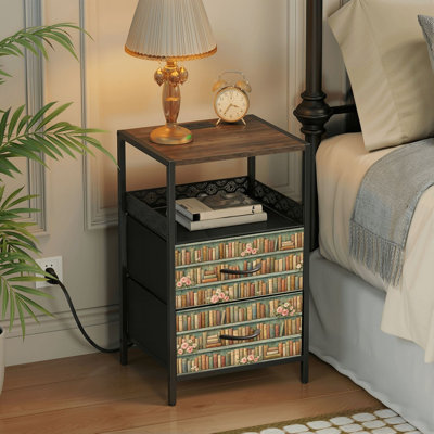  Table de chevet 24,2 po à 2 tiroirs avec bibliothèque rétro, livres anciens, accents floraux roses, table d'appoint verte avec station de charge, table de chevet avec cadre en fer