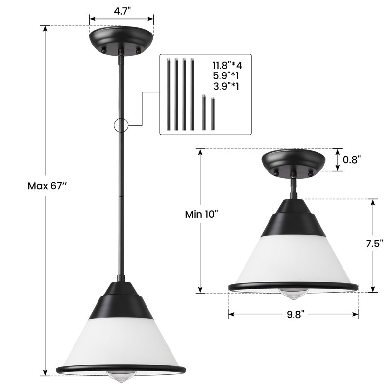 10 in 1-Light Modern Cone Pendant Light With White Frosted Glass Adjustable Height, Matte Black