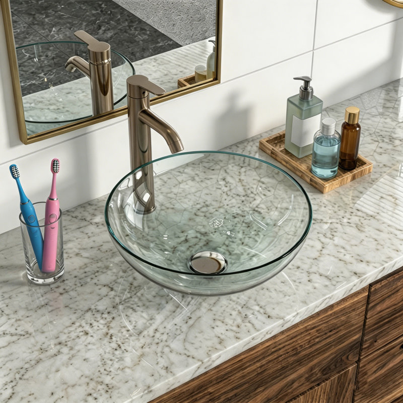 16.5" Round Clear Tempered Glass Vessel Bathroom Sink Set with Faucet and Drain