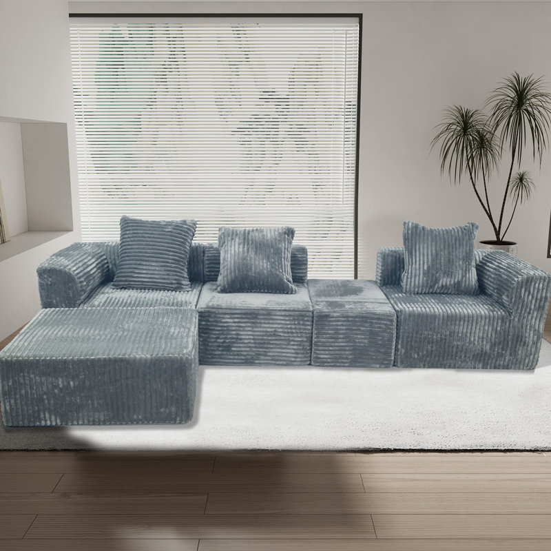 Compression modulaire convertible à 4 sièges de style américain, gris avec siège mi-ferme, 100% nouvelle mousse, US, couvertures en velours côtelé standard 100 par brossé, peau et rétrécissement doux