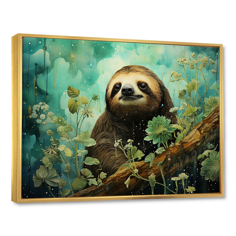 «Sloth Jade Journey», reproduction d'art sur toile encadrée, Cadre flottant doré, H 12 po x l 20 po x P 1 po