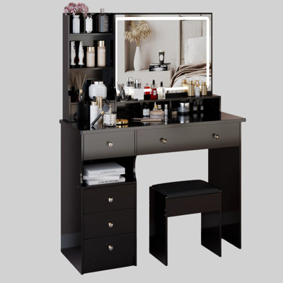41" Large Vanity Table with LED Mirror & Stool | Oversized Desktop, Touch Control Tri‑Color Lighting, Multi‑Layer High Capacity Storage