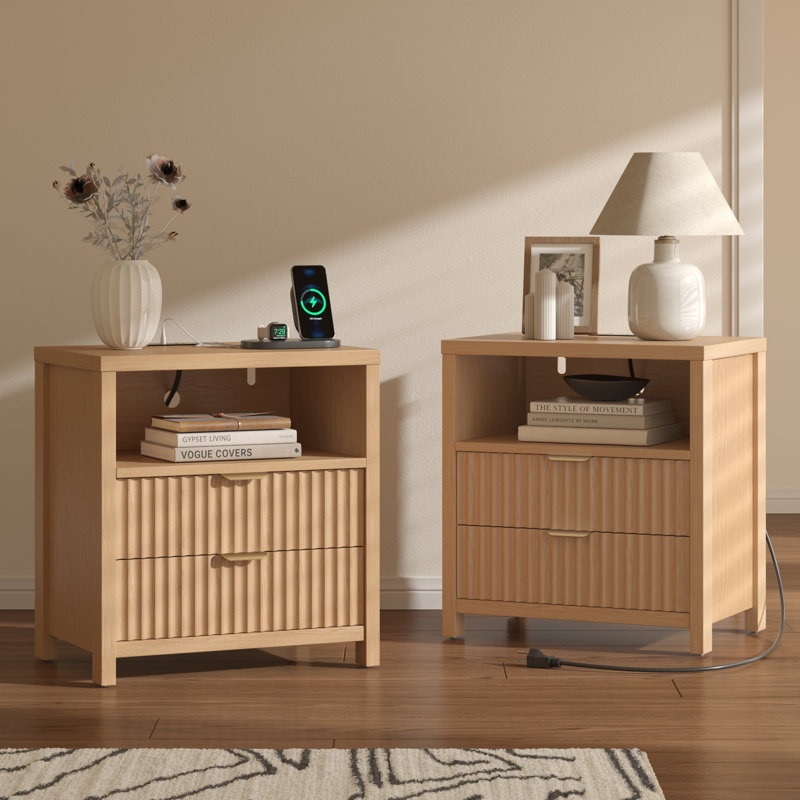 19.7''W Modern Nightstand With Charging Station, Light Oak