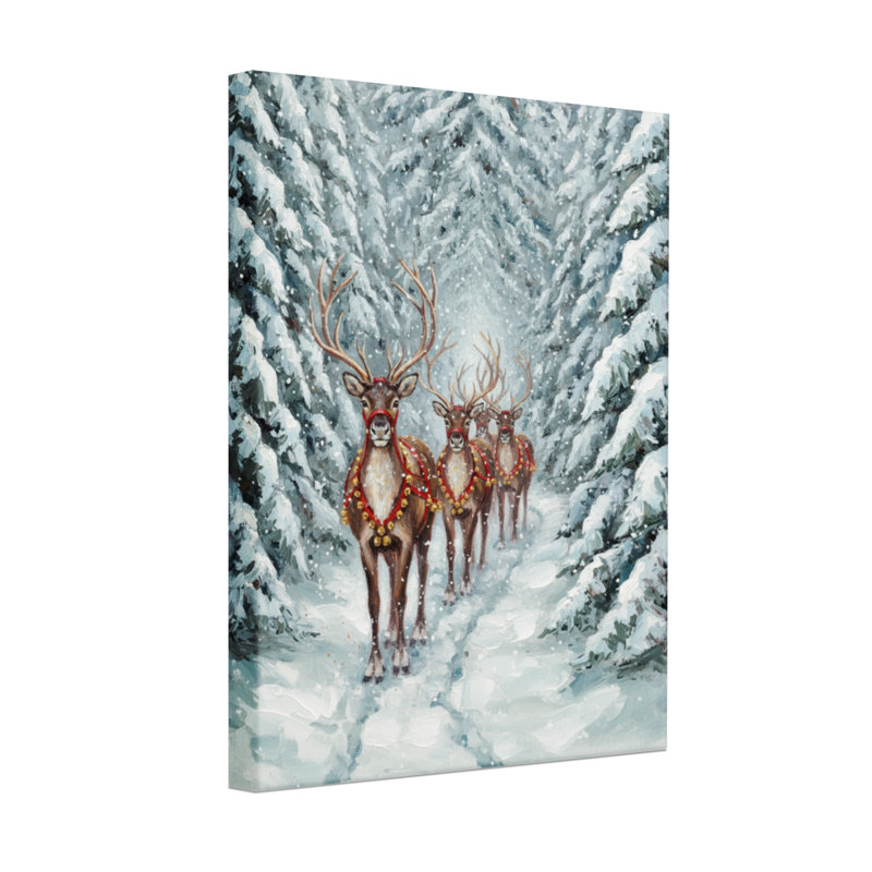Renne de Noël dans un sentier de forêt enneigée, ensemble de 3 impressions sur toile, H 18 po x l 12 po