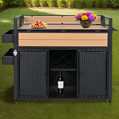 52.8"W Wicker Outdoor Grill Cart with Extended Plastic Wood Table Top, Rolling Kitchen Island on Wheels with Storage Cabinet, for Patio Backyard Garden Poolside, Double Handle Design