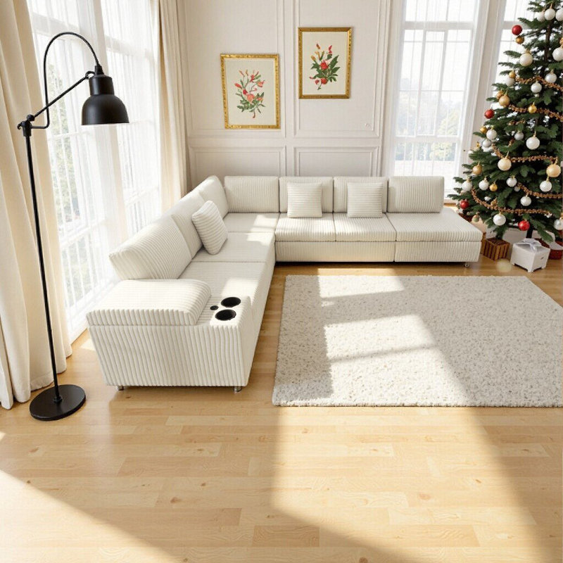 Grand canapé modulaire en L avec lit escamotable, ports USB et rangement, canapé moelleux pour le salon, Beige