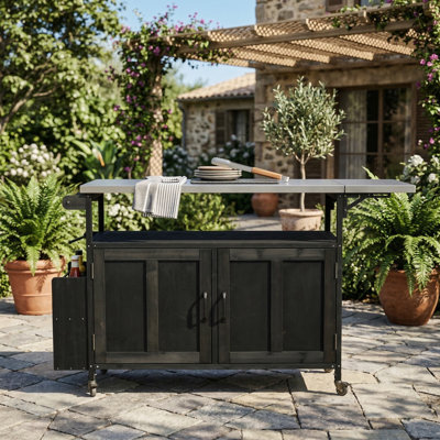 Folding outdoor kitchen cart on lockable casters; portable cooking island features storage cabinet and towel rack - suitable for patio and outdoor settings - Black finish