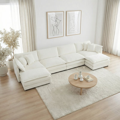 Upholstered Chenille Sectional Sofa, 4-Seater Modular Couch with 2 Ottomans, Convertible to U-Shape or L-Shape, White