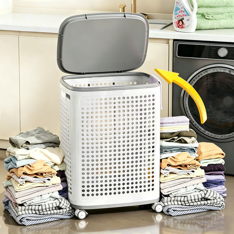 JOYBOS Large-Capacity Laundry Hamper with Lid, fitted with rolling casters and a portable handle. The ventilated, opaque basket protects your privacy. Labor-saving to push, it can be easily moved to the laundry room or drying area