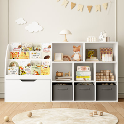 Kids Toy Organizer and Bookshelf, 67" Storage with Drawers and 5 Cubbies, Playroom Reading Nook, Natral Wood by Isabelle & Max