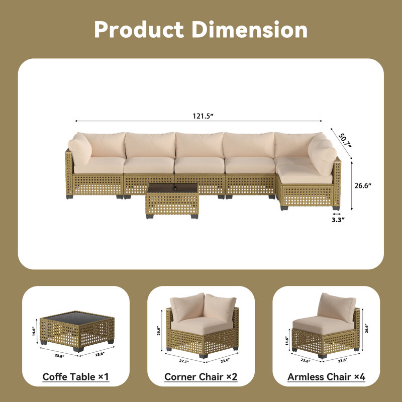 Outdoor 7-Piece Modular Rattan Patio Conversation Set with Cushions