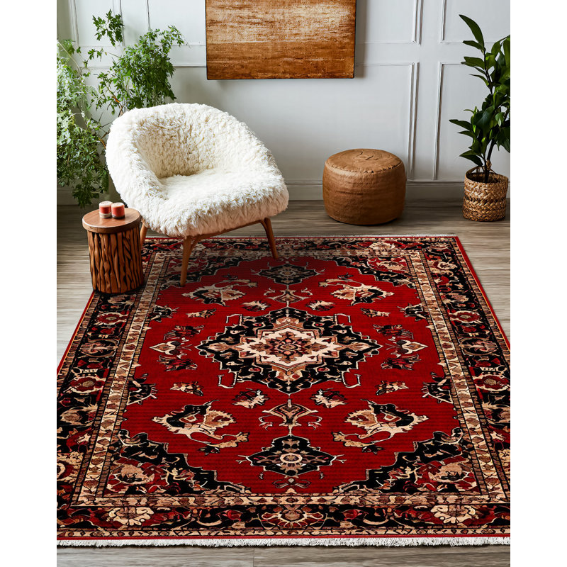 Guria Red/Brown/Black Oriental Vintage Look Machine Printed Cotton Chenille Area Rug, Runner 3'4" x 9'11"