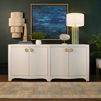 Curved Front Four Door Buffet Linen with Satin Brass Ring Hardware