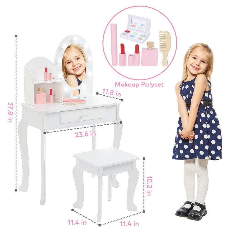 Kids Vanity Set with Touch Lighted Mirror, White Girls Wooden Makeup Vanity Table and Chair Set with Storage Drawer & Shelf, Pretend Play Vanitys Table for 3-8 Years Old