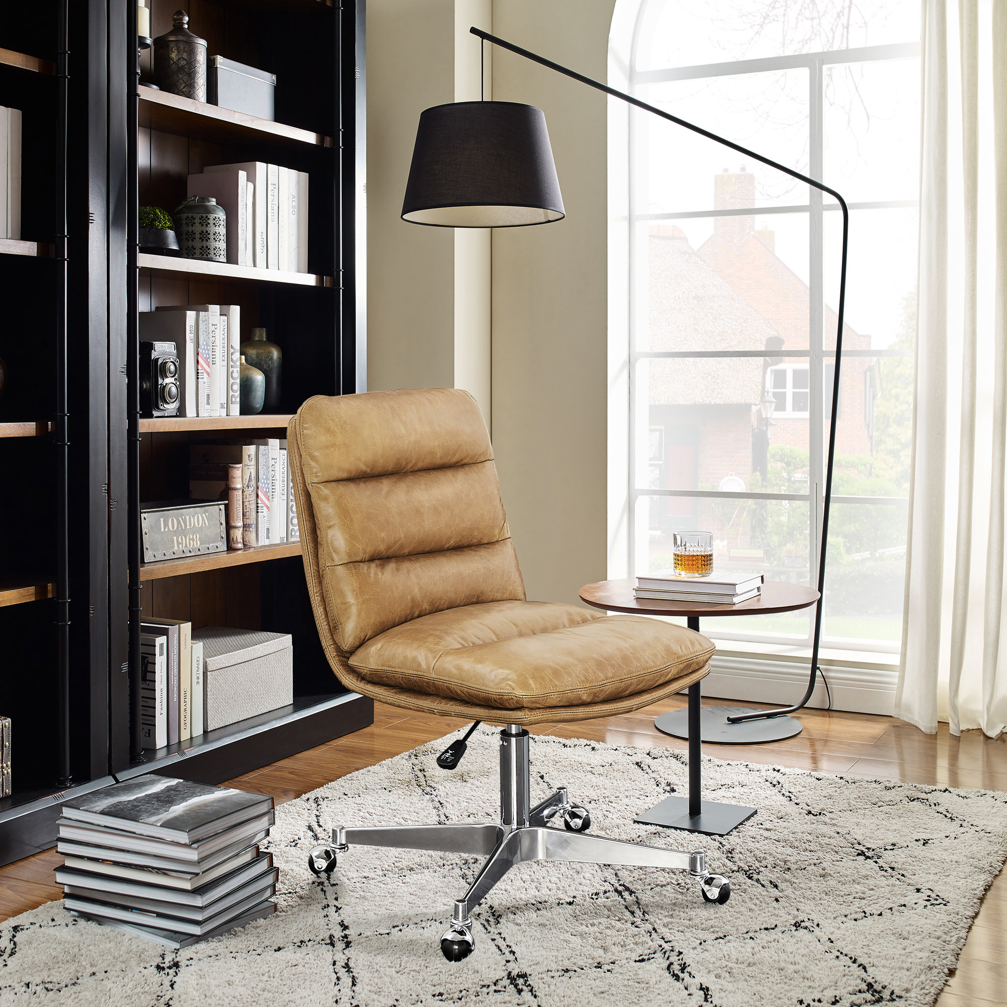 Paynesville Swivel Office Task Chair with Wheels, Faux Leather, Cognac Faux Leather