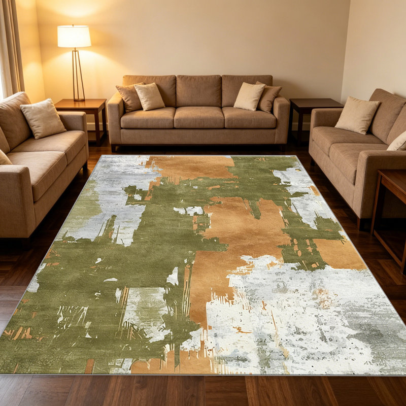 Olive Green and Terracotta Abstract area rugs for Living Room, Soft and Comfortable, Suitable for all seasons, easy to maintain, machine washable Indoor floor mat, Under Table Farmhouse suitable for Bedroom, Dining Room, Study,  Balcony, Home Decor Patio