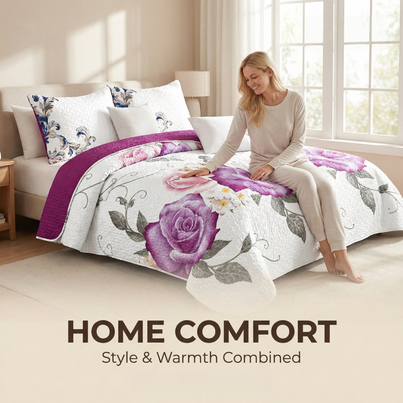 California King Size 9-Piece Purple Rose Floral Bedding & Curtain Set (Cal King) - Quilted Microfiber Bedspread + Sheer Drapes