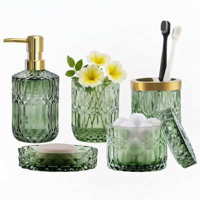Ensemble d'accessoires de salle de bain vert, ensemble de salle de bain en verre transparent 6 pièces, distributeur de savon, porte-savon, porte-brosse à dents, gobelet, support Q-Tip pour décoration de salle de bain en cristal rétro, ensemble cadeau