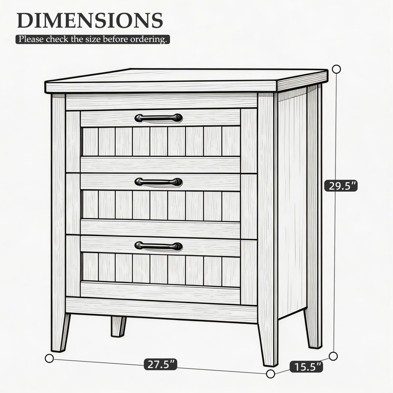 Commode à tiroirs Farmhouse avec station de charge et lumières DEL, commode de chambre mince en bois, Blanc / 3 tirages