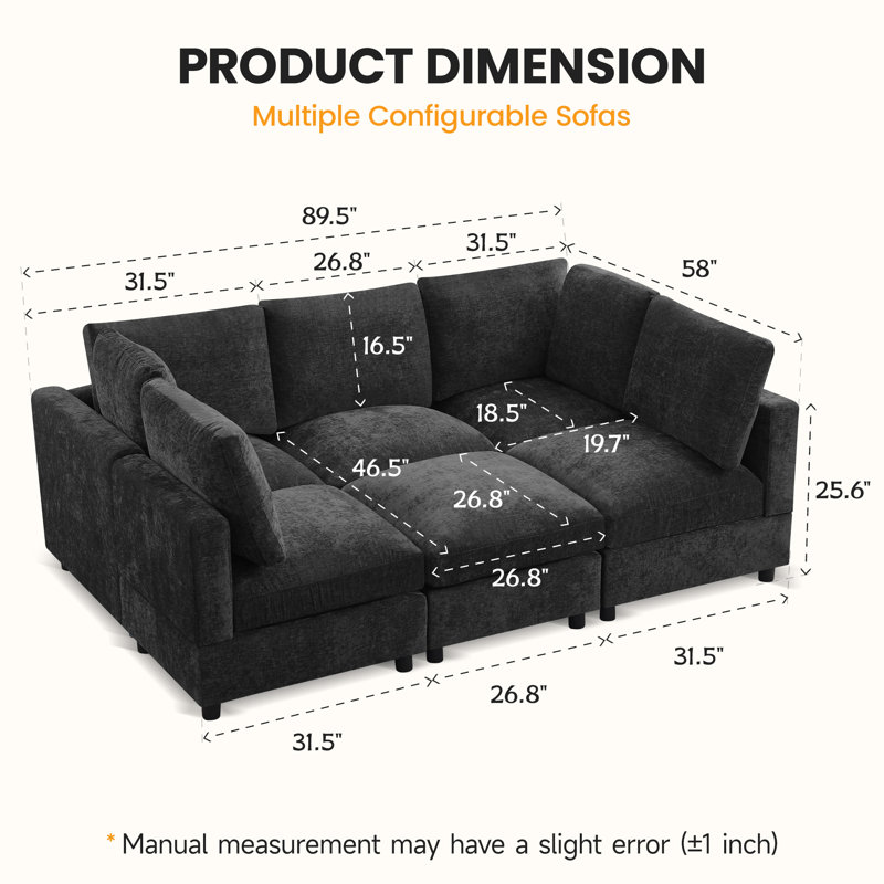 6-Piece Modular Sofa Bed with Ottoman - Convertible Sectional Sleeper, Dark Grey, 36.2" H x 89.5" W x 58" D