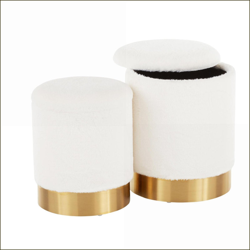 Ottomans, Contemporary Nesting Set – Cream Plush Fabric, Gold Metal Base by LumiSource | Gold | Metal, Cream
