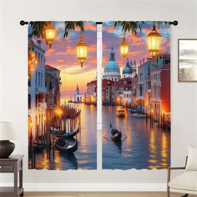 2 pièces coucher de soleil rideau canal de Venise, paysage urbain européen filtrant la lumière pour le salon chambre à coucher, passe-tringle, fenêtre, décoration