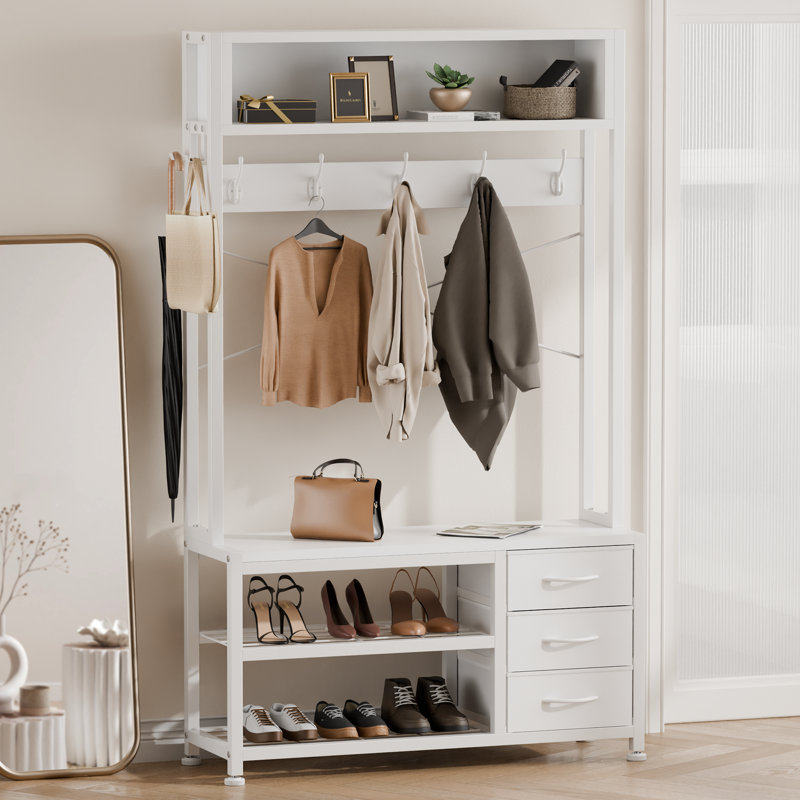 White Industrial Hall Tree with Bench, Hooks, and Storage Drawers
