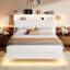 Structure de lit double avec tête de lit tapissier en velours à 2 niveaux, structure de lit plateforme en bois avec station de charge et lumières à DEL, naturel-1046032266-1046032267