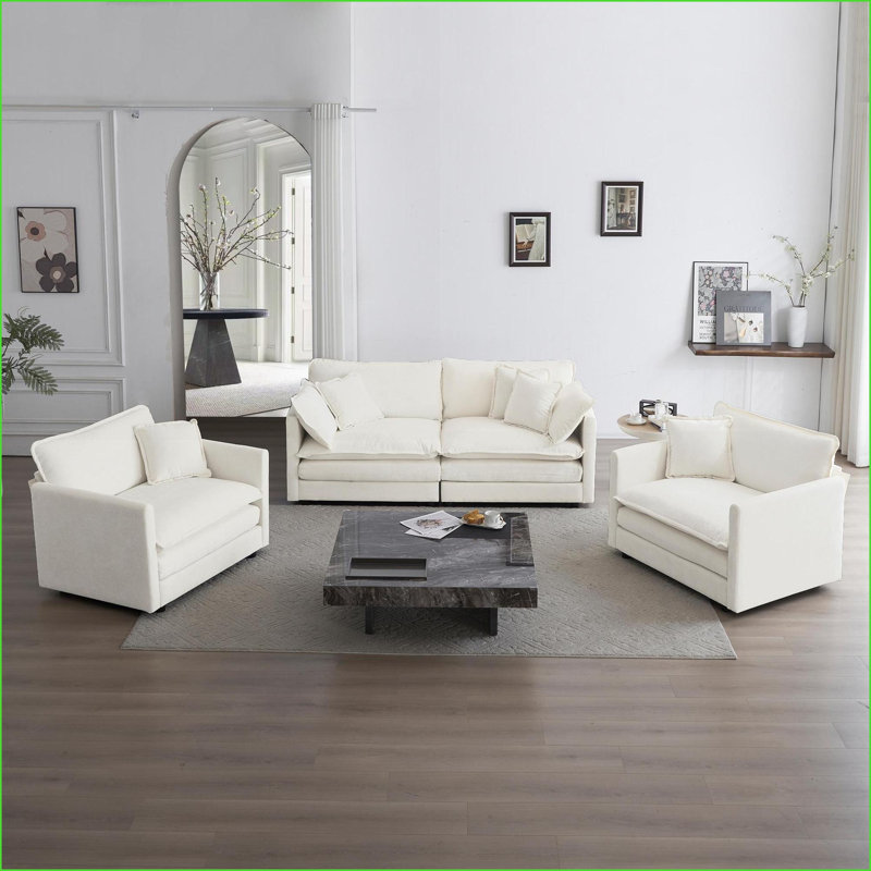 Canapés | Ensemble de canapé 3 pièces en chenille ivoire décontracté - 2 fauteuils + 2 sièges | pour le salon | Chêne blanc américain | Cabriole