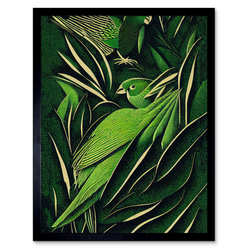 Green Retro Jungle Tropical Leaves Parrots - Single Picture Frame Print, 25.9cm H x 20.6cm W x 1.5cm D