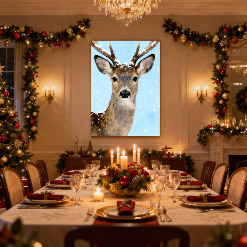 Cerf de Noël avec neige sur bois et visage, ensemble de 3 impressions sur toile, H 36 po x l 24 po