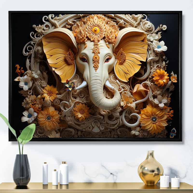 «Hindu Ganesha Elephant God Curmeric Tints I - Hinduism», art encadré, Reproduction avec cadre flottant, Noir