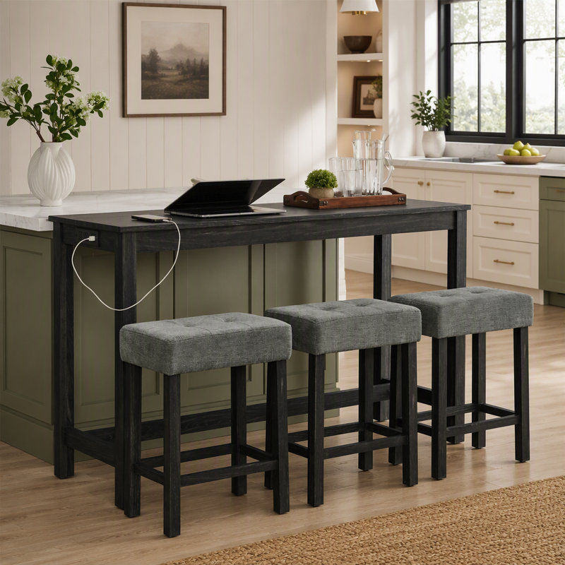 Ensemble table de bar et chaises de 150 cm avec prise électrique, 3 tabourets rembourrés en lin, parfait pour les espaces de vie modernes.