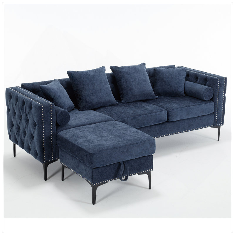 Canapé modulaire en L, repose-pieds convertible avec rangement, chenille, accoudoir carré, canapé capitonné moderne, 3 places et tête de clou